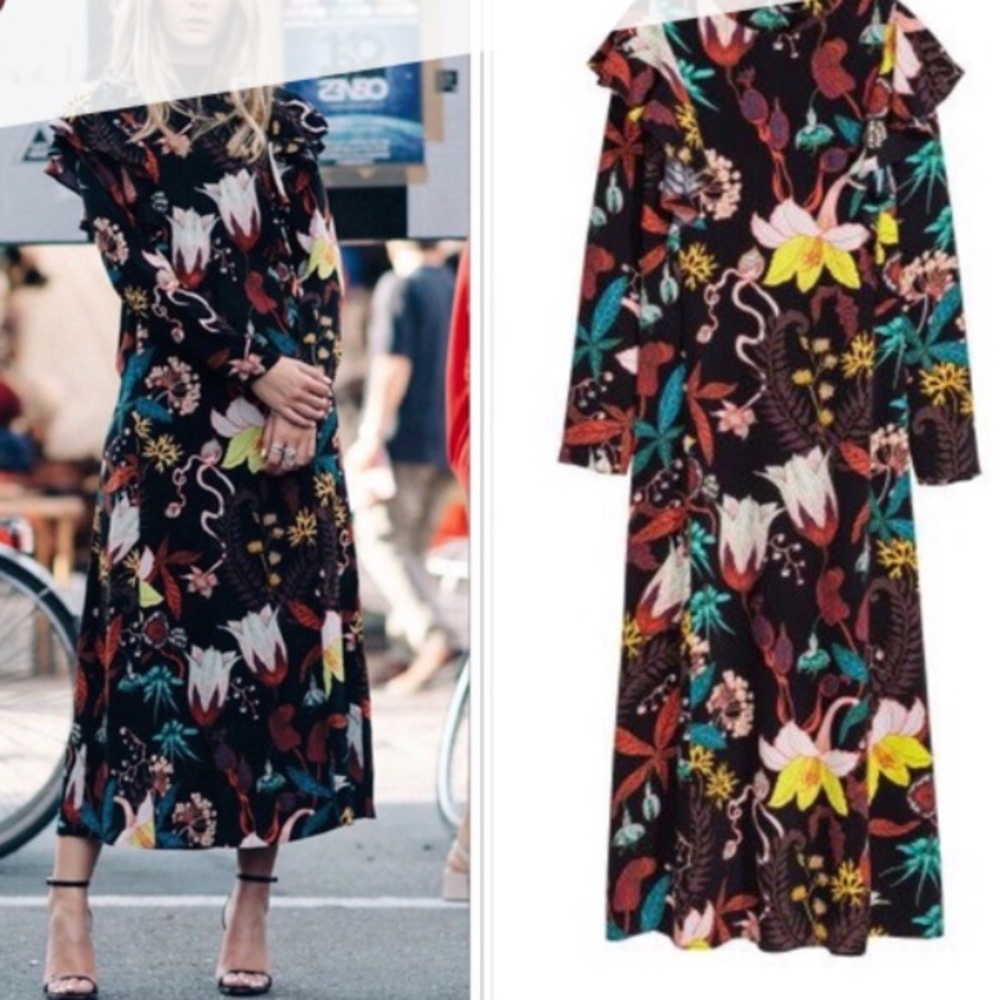 H&M Floral Ruffle Sleeve Mock Neck Midi Dress EUC